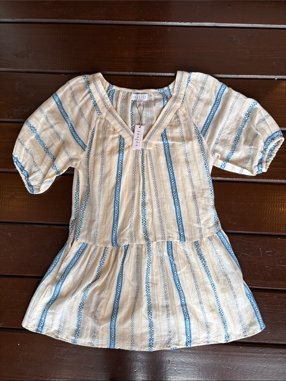 Velvet Cream and Blue Striped Women’s Peasant Tunic with Pockets